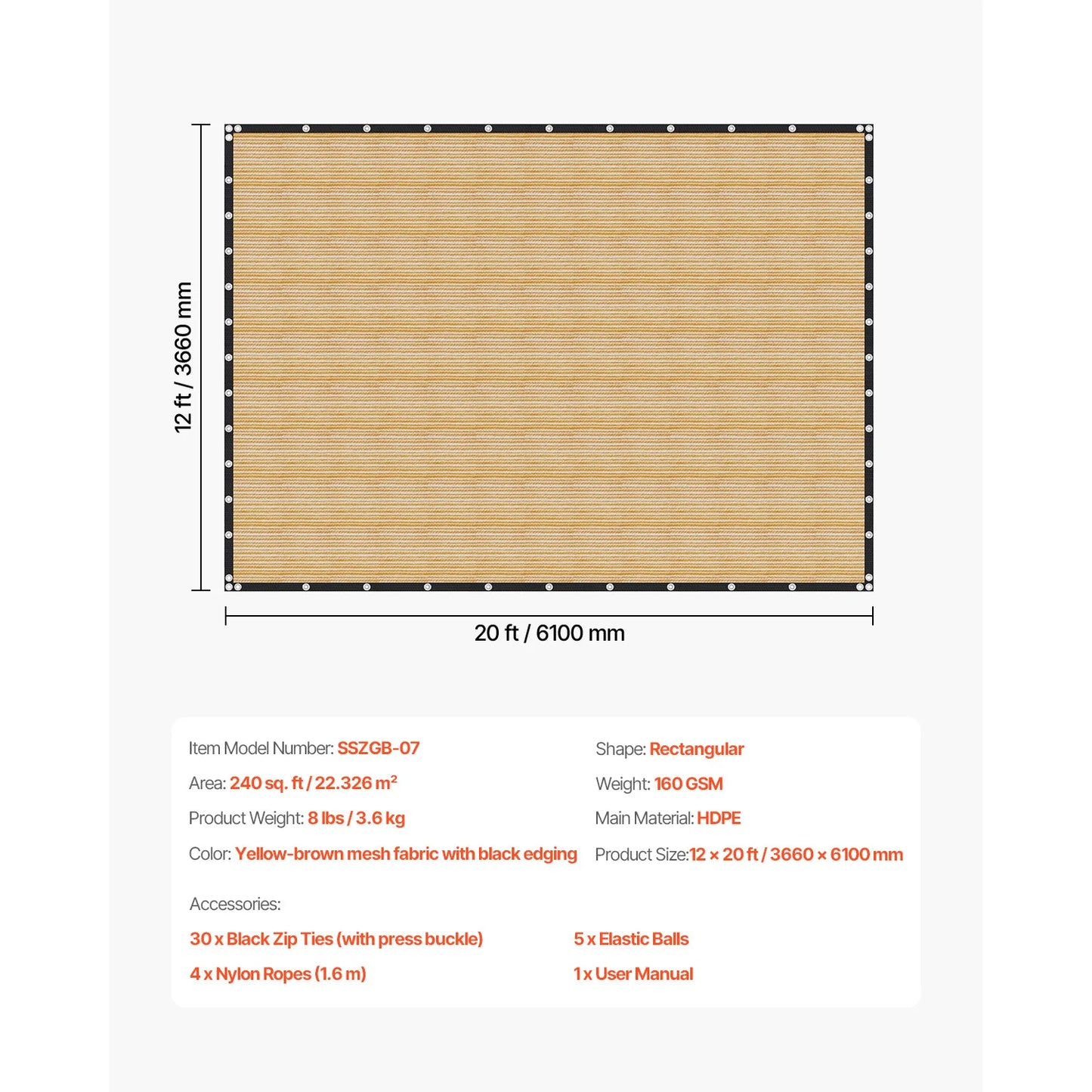 VEVOR 90 Percent Sun Shade Cloth HDPE For Outdoor Pergola
