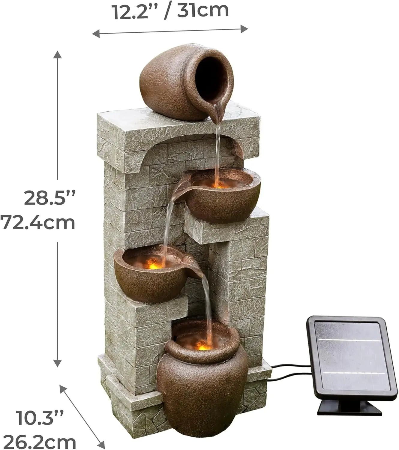 Solar LED Outdoor Water Fountain With Cascading Bowls For Garden Patio