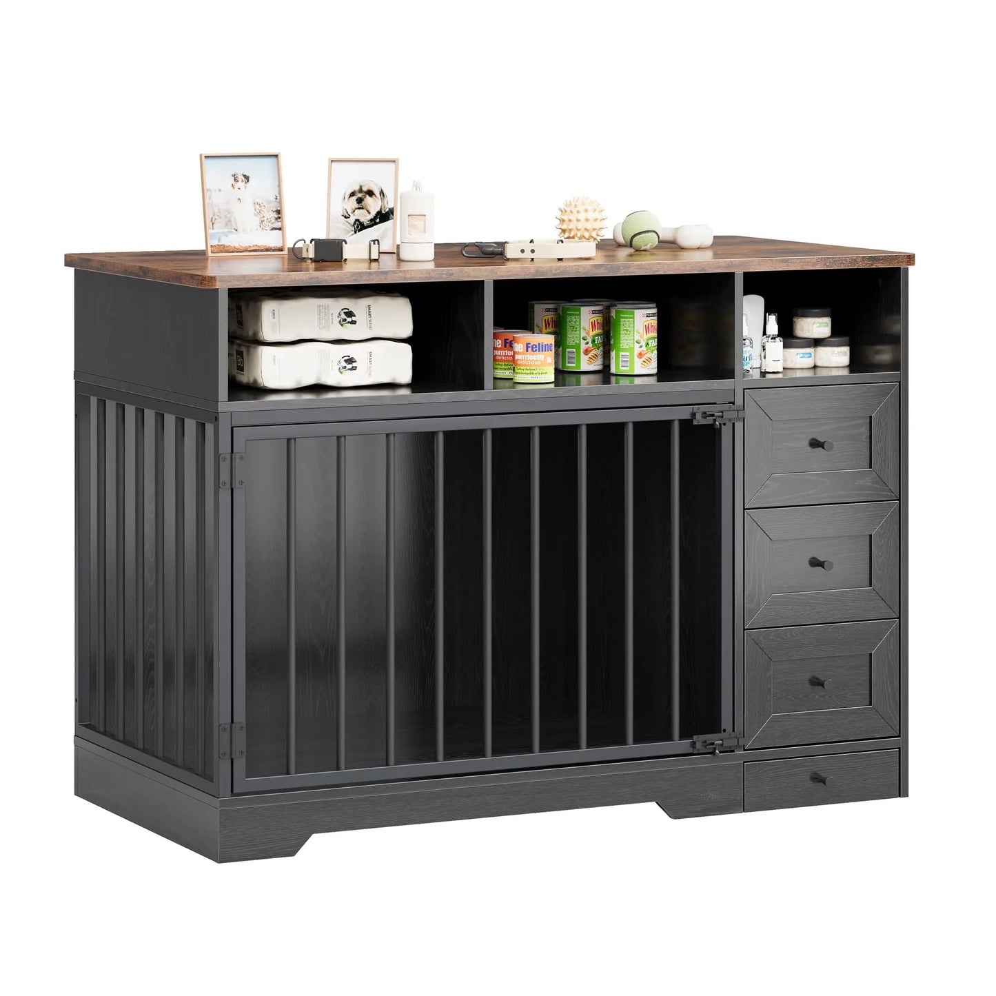 HiMISS Farmhouse Wooden Dog Crate Furniture End Table Feeding Station