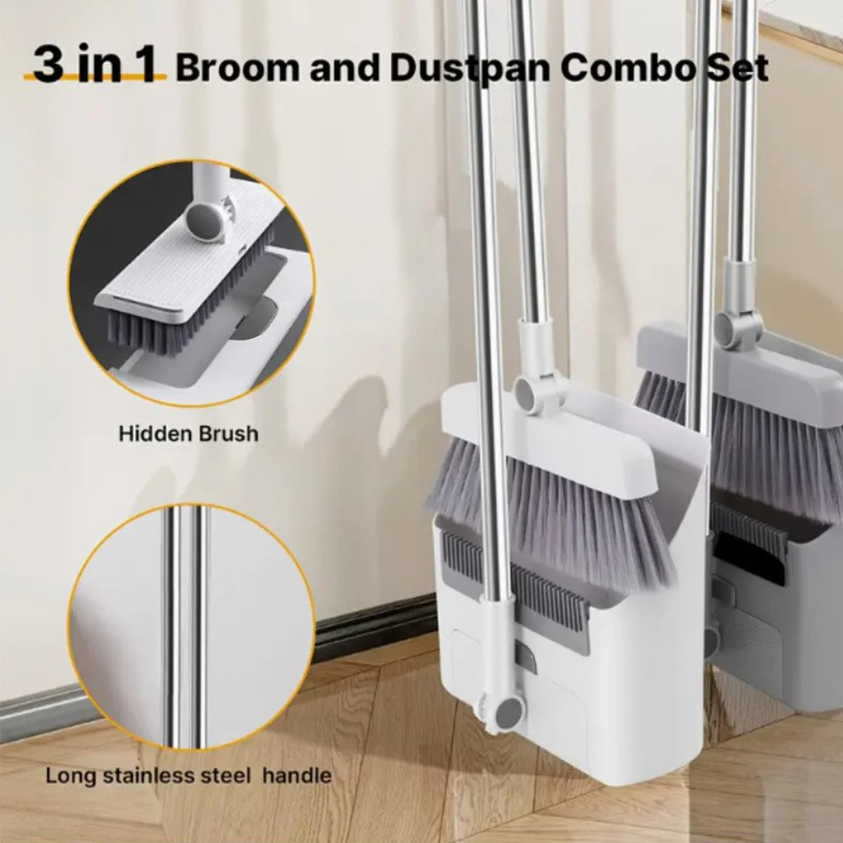 3 In 1 Broom And Dustpan Set With ExtraLong Handle
