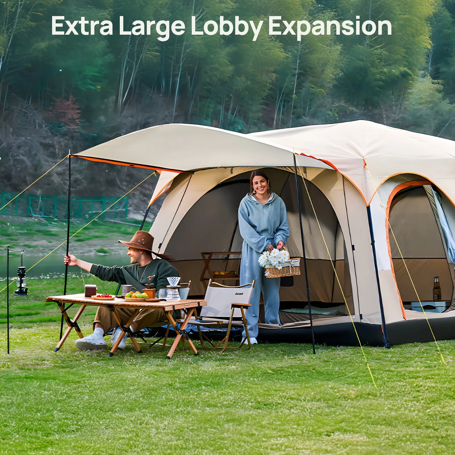 Canvas Family Camping Tent With Mosquito Protection And Portable Setup