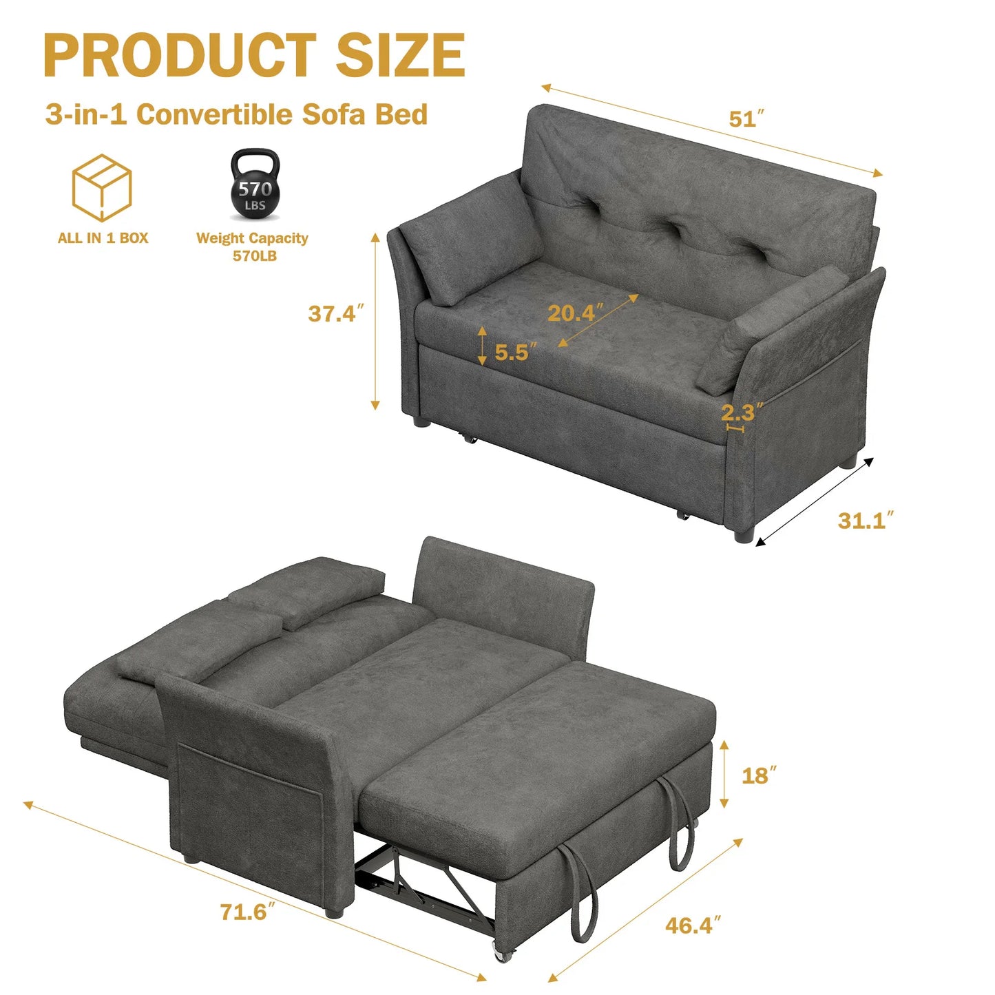 3-In-1 Convertible Sofa Bed With Adjustable Backrest For Living Room