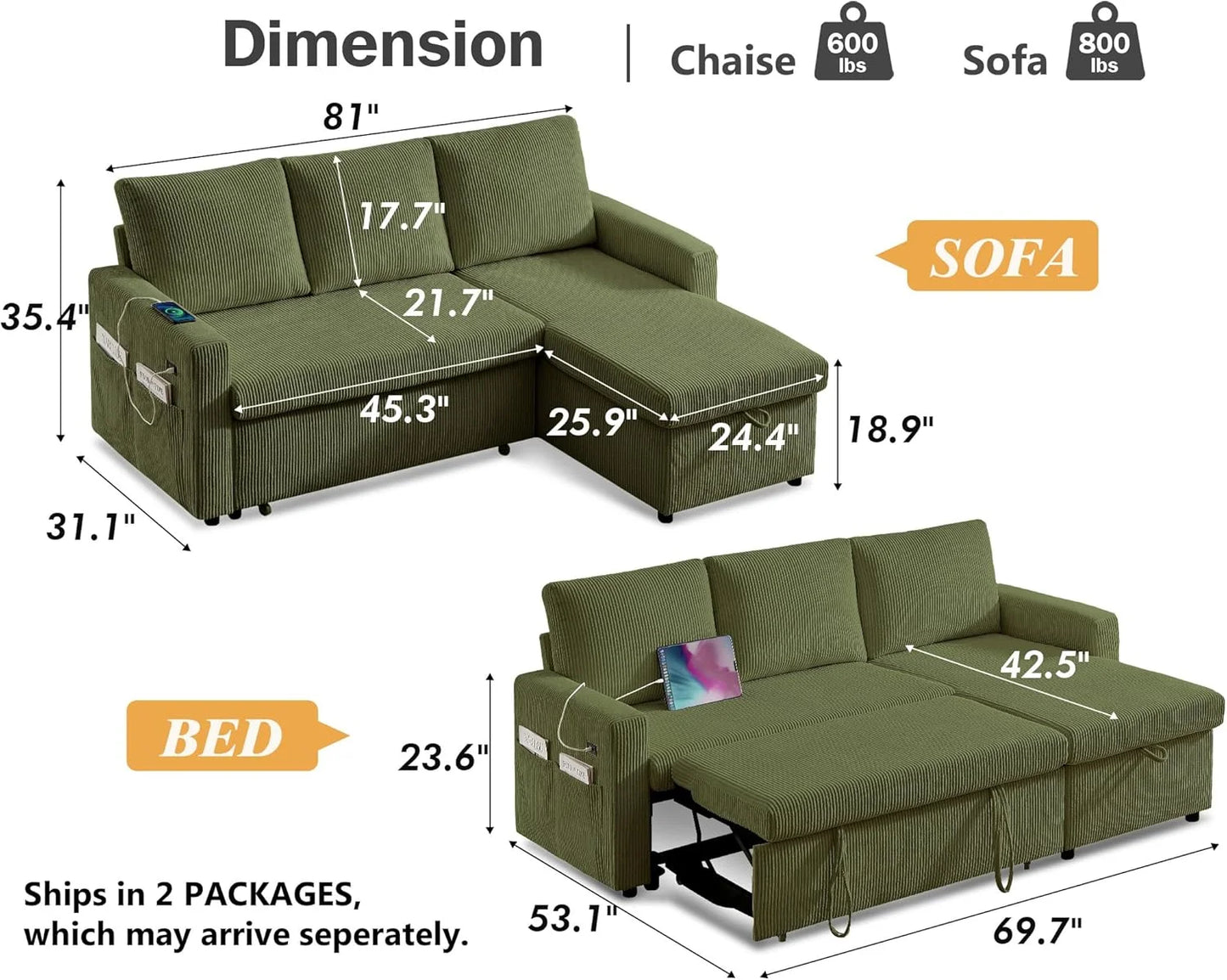 3-In-1 Convertible Sofa Bed With Adjustable Backrest For Living Room
