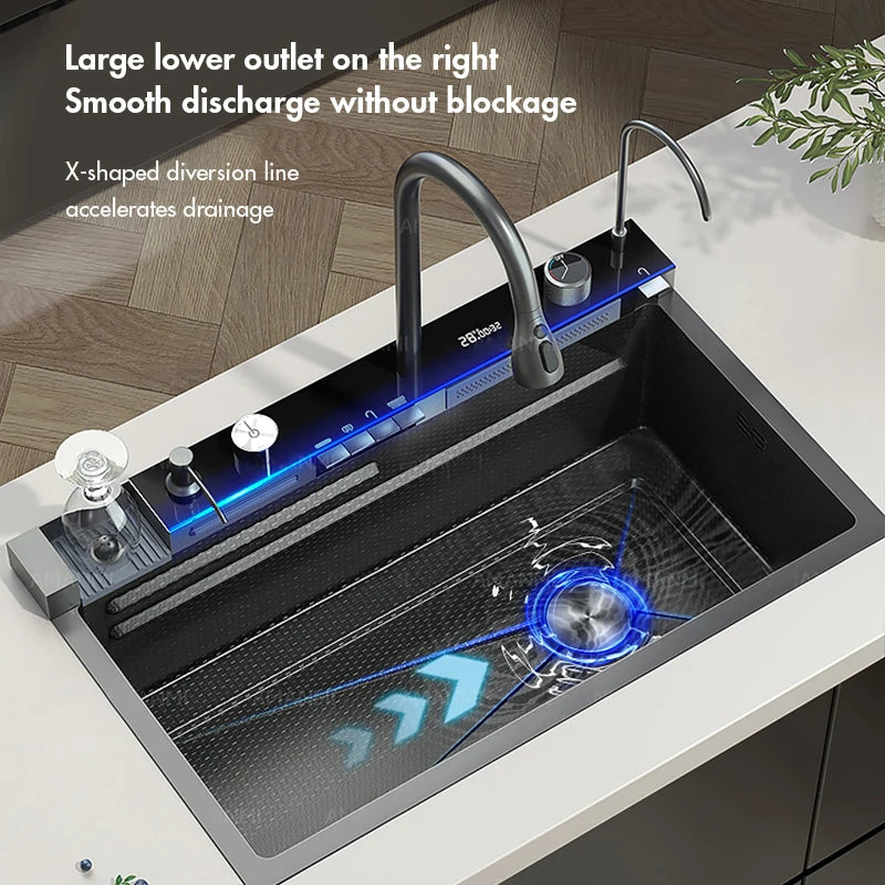 Stainless Steel Waterfall Kitchen Faucet Set With Digital Display