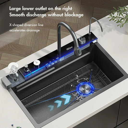 Stainless Steel Waterfall Kitchen Faucet Set With Digital Display