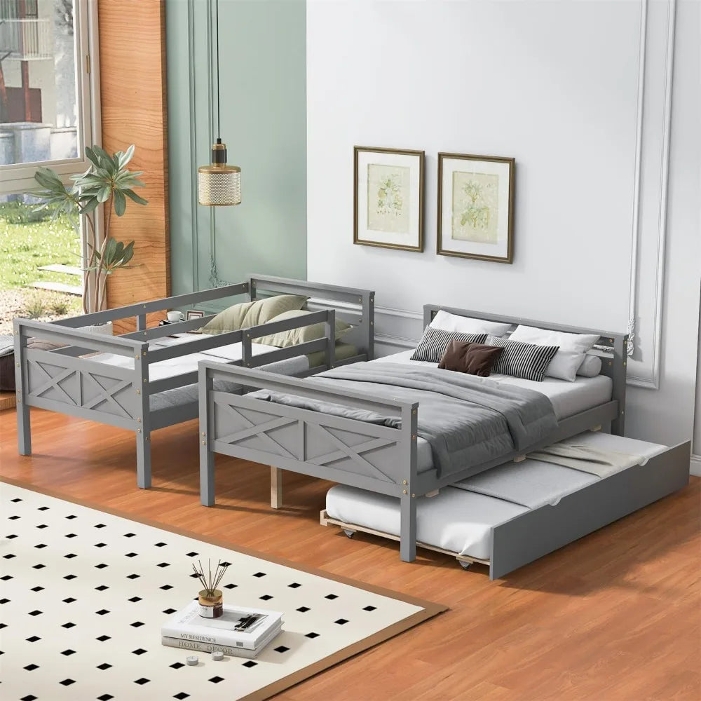 Trundle Bunk Bed Twin Over Full Bed Frame With Guardrail
