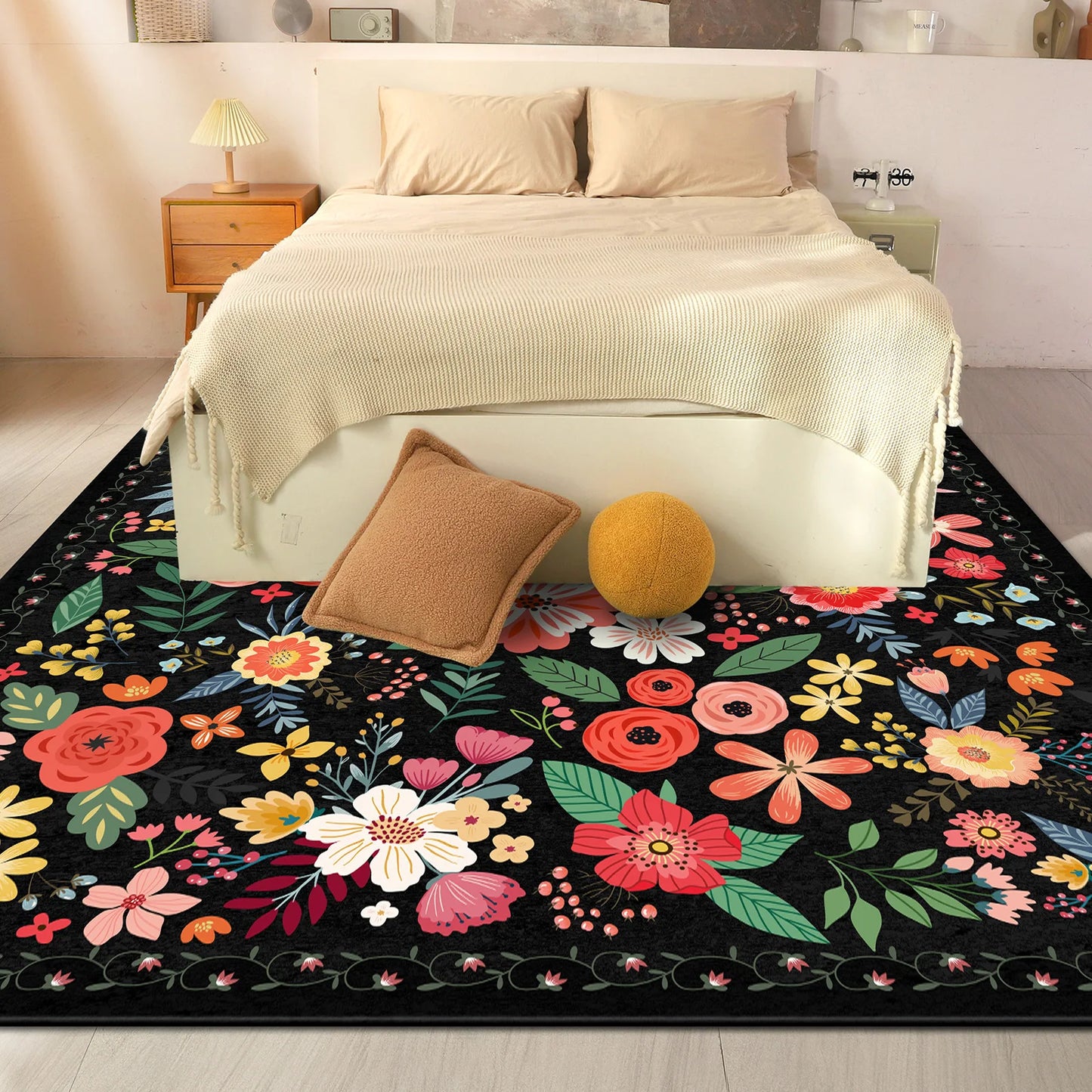 Super Boho Floral Rug Washable Non Slip Low Pile Carpet