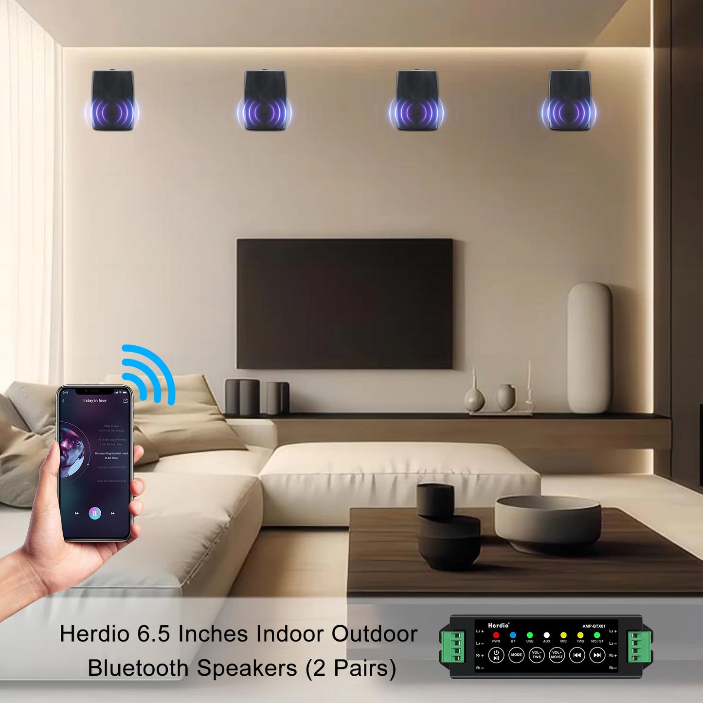 Herdio 4 Pack Outdoor Bluetooth Speakers With Wall Mount Amplifier