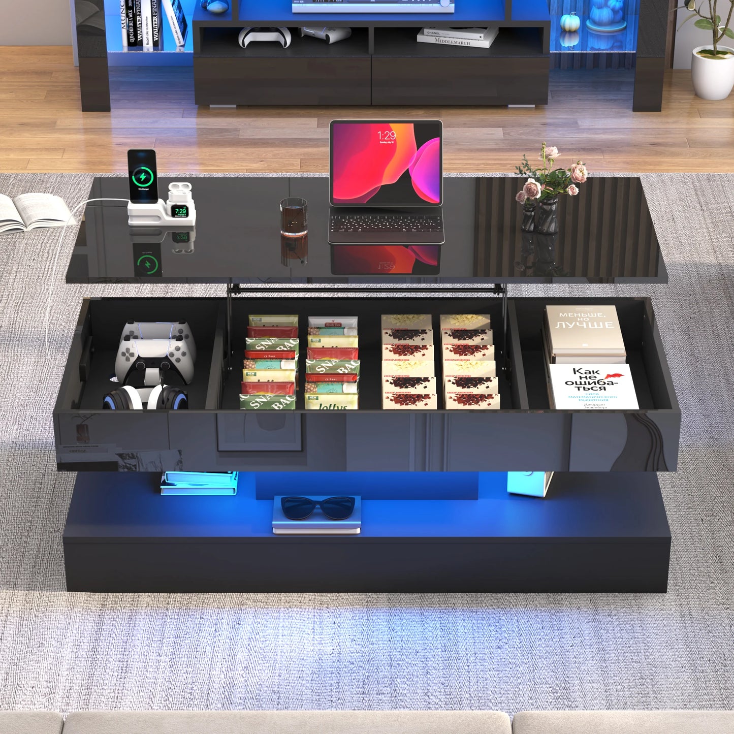 QiaoShiRen High Gloss LED Coffee Table With Open Display Shelf