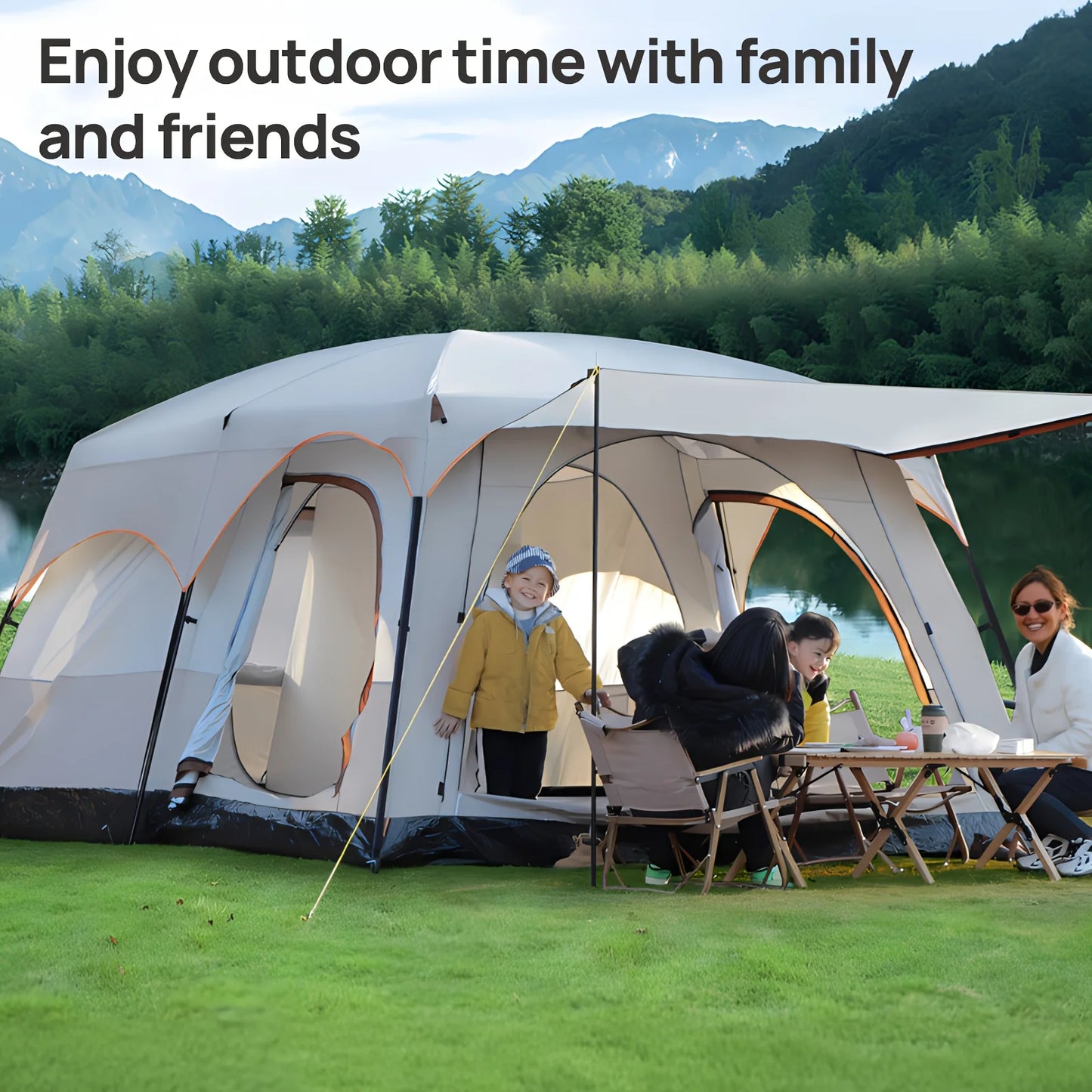 Canvas Family Camping Tent With Mosquito Protection And Portable Setup