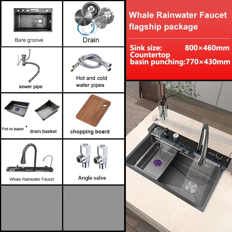 Telisiya Waterfall Stainless Steel Kitchen Sink Four Hole Above Counter