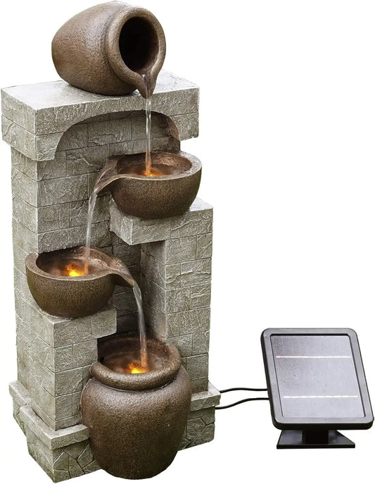 Solar LED Outdoor Water Fountain With Cascading Bowls For Garden Patio
