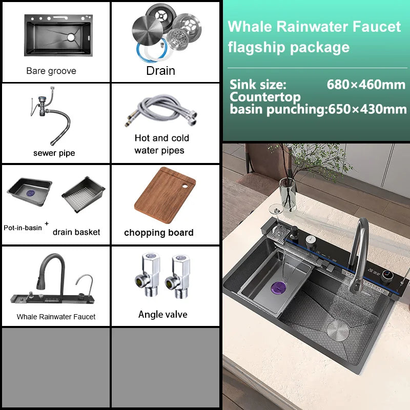Telisiya Waterfall Stainless Steel Kitchen Sink Four Hole Above Counter