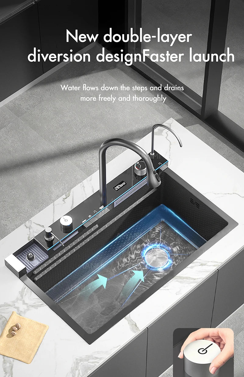 Stainless Steel Waterfall Kitchen Faucet Set With Digital Display