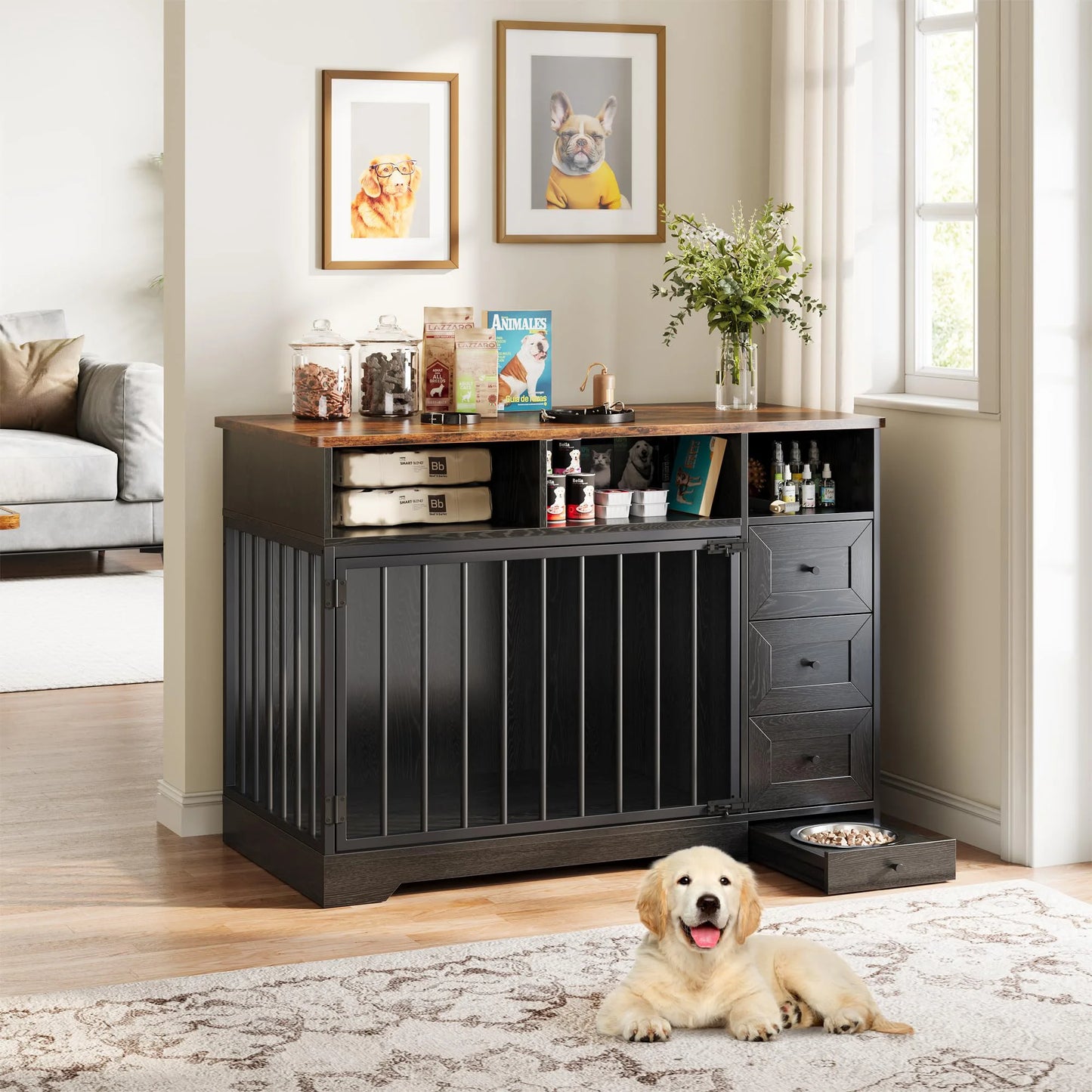 HiMISS Farmhouse Wooden Dog Crate Furniture End Table Feeding Station
