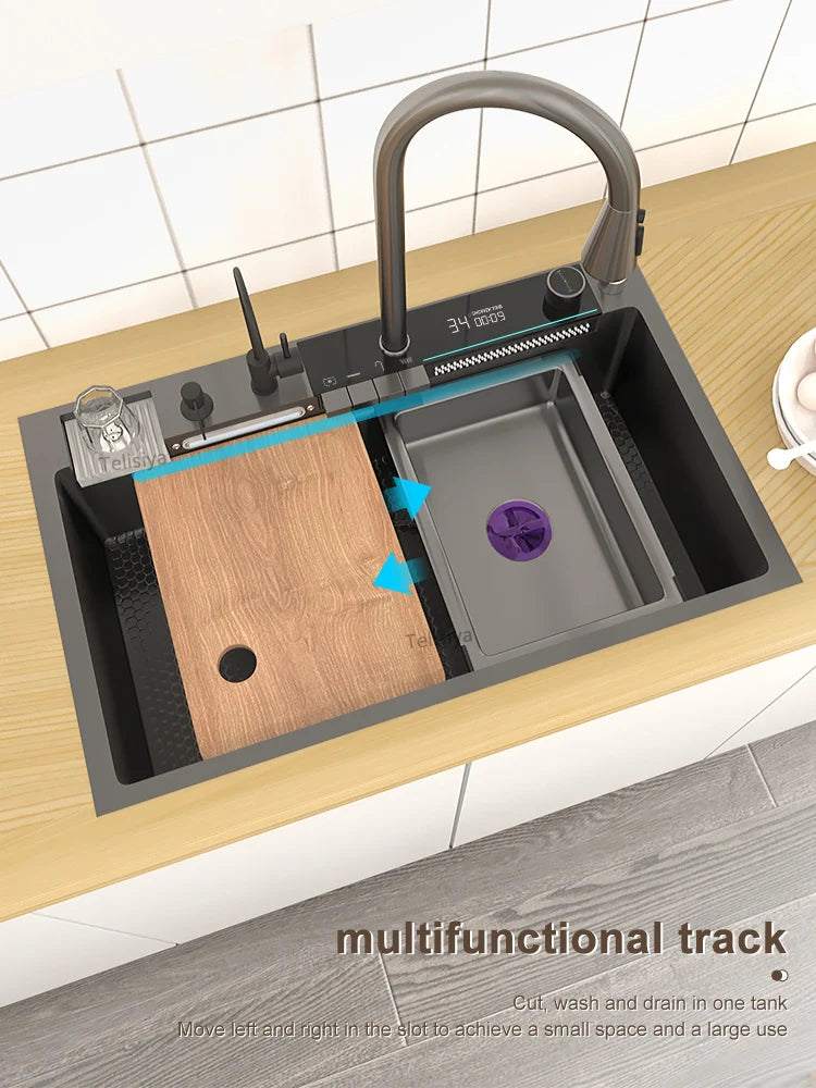 Telisiya Waterfall Stainless Steel Kitchen Sink Four Hole Above Counter