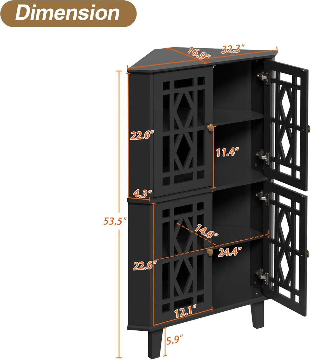 Tall Corner Shelf Cabinet with 4 Doors & 4-Tier Adjustable Shelves, Free-Standing Storage Organizer for Living Room, Bathroom