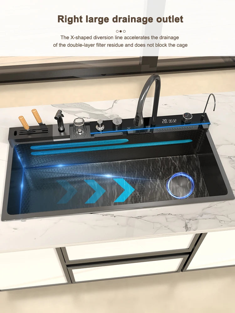 Telisiya Waterfall Stainless Steel Kitchen Sink Four Hole Above Counter