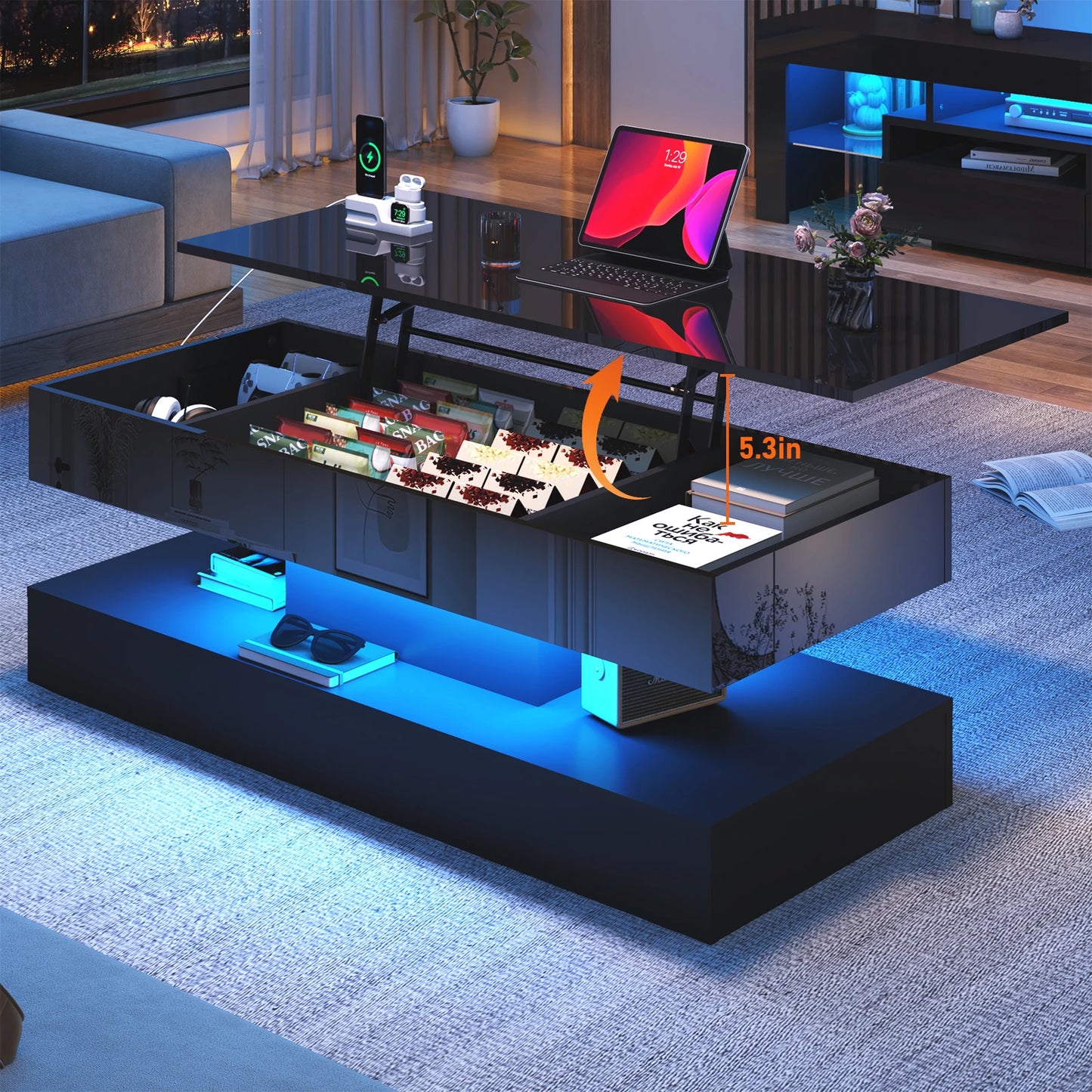 QiaoShiRen High Gloss LED Coffee Table With Open Display Shelf