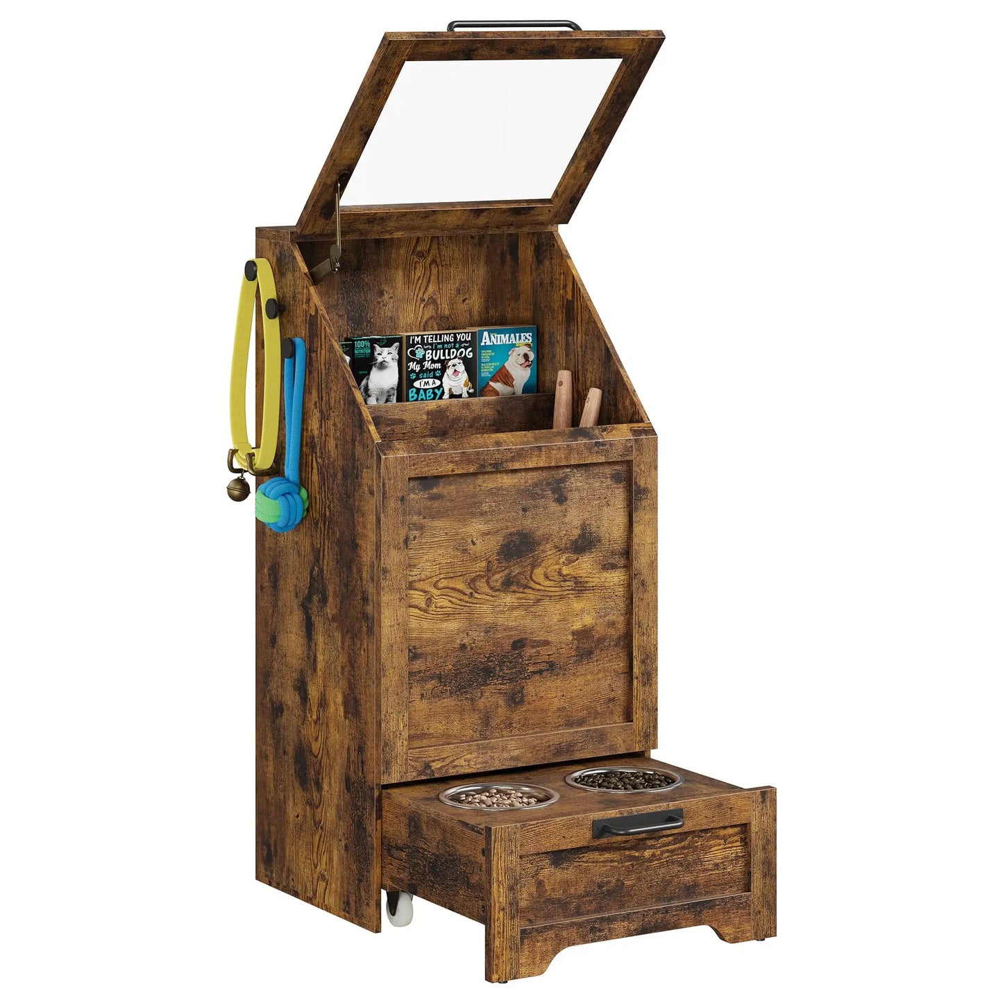 HiMISS Dog Food Storage Cabinet With Flip Top Feeding Station And Leash Hooks