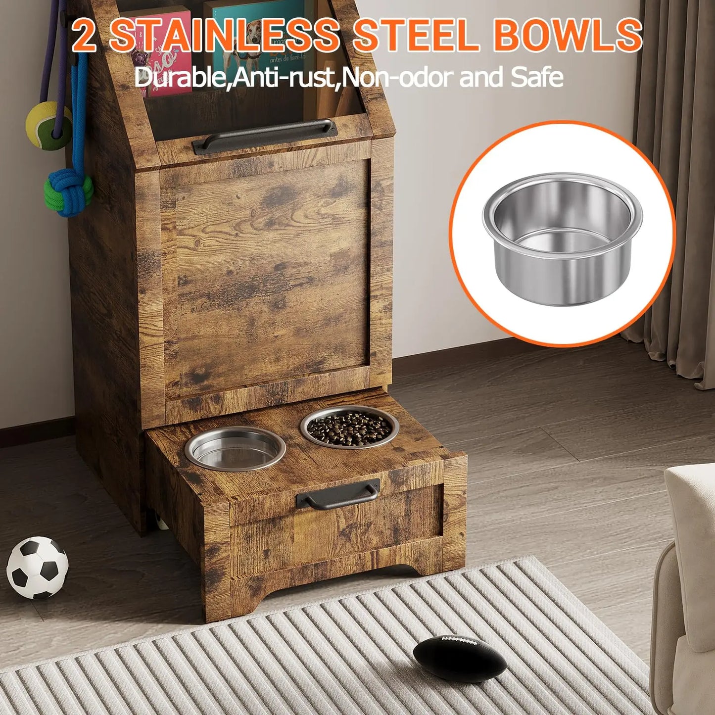 HiMISS Dog Food Storage Cabinet With Flip Top Feeding Station And Leash Hooks