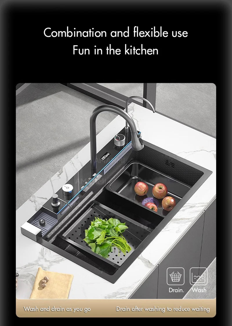 Stainless Steel Waterfall Kitchen Faucet Set With Digital Display