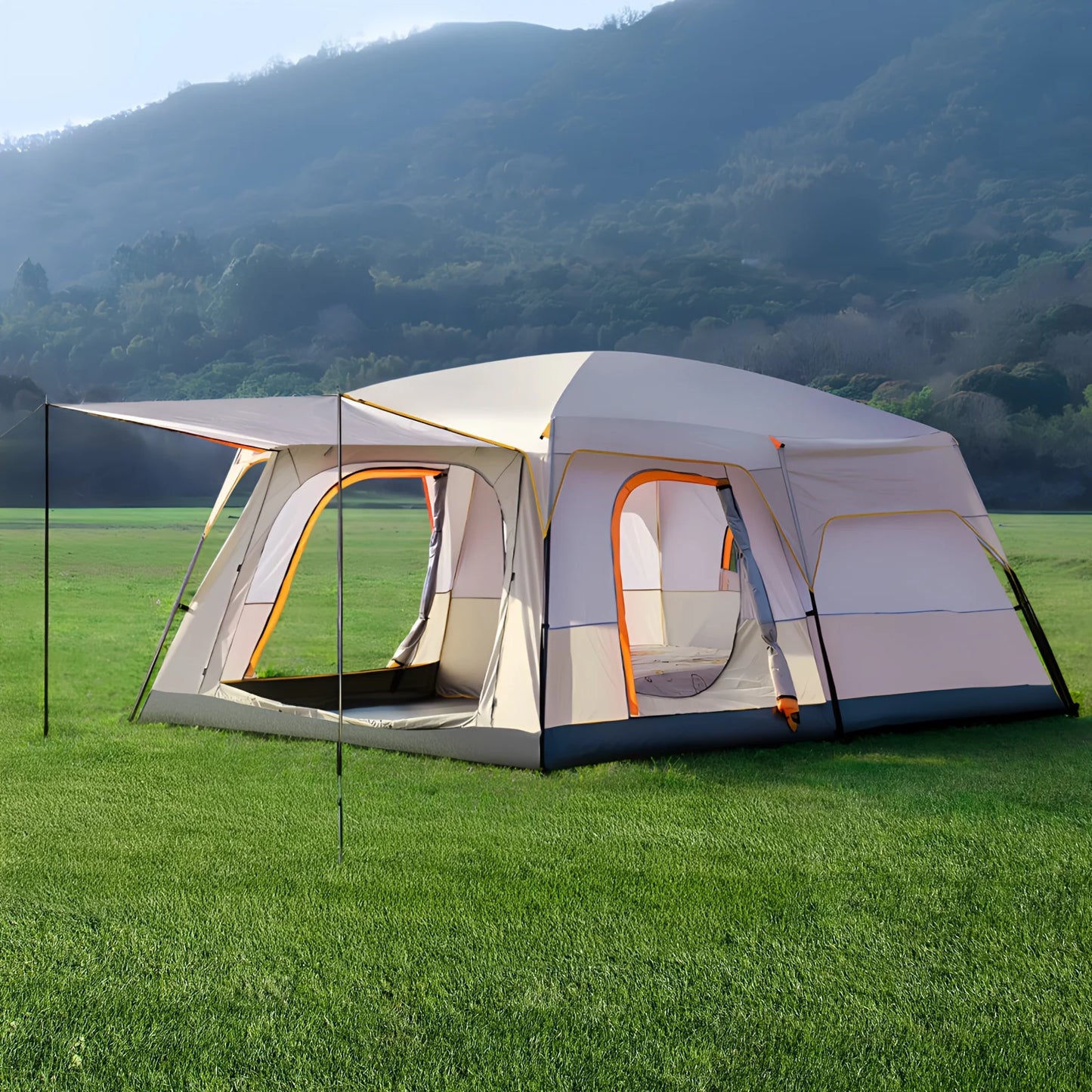 Canvas Family Camping Tent With Mosquito Protection And Portable Setup