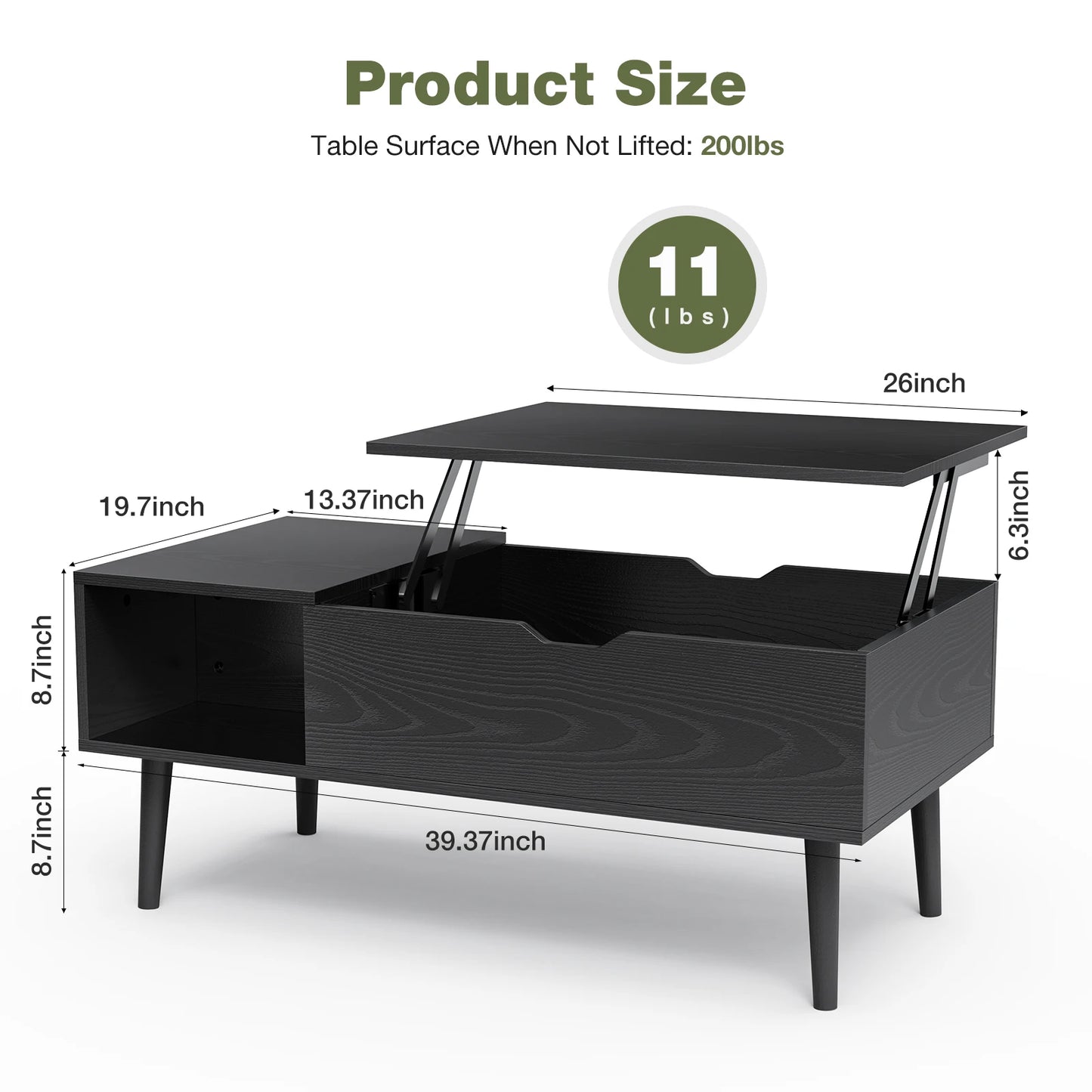 JHK Lift Top Coffee Table With Adjustable Storage Living Room