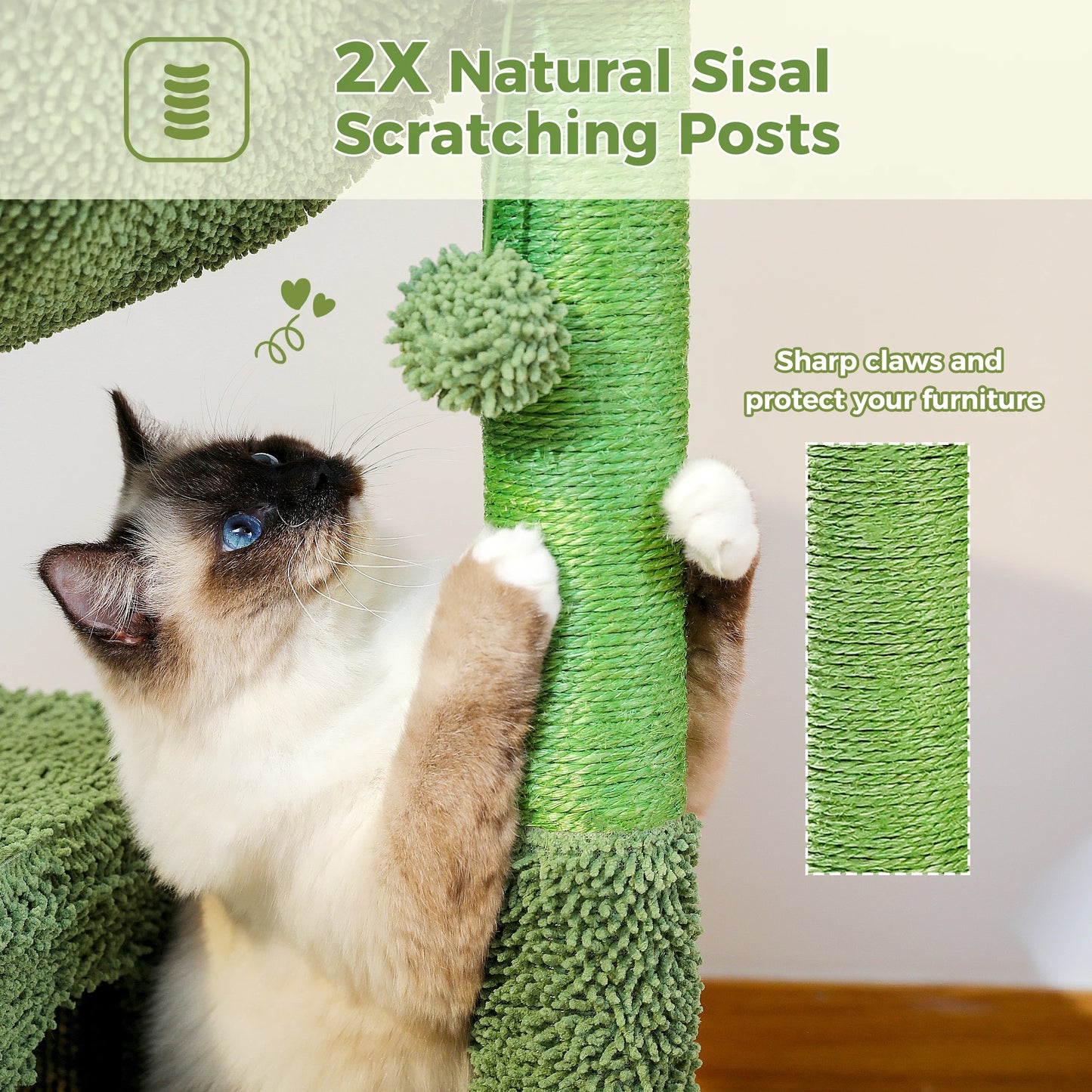 PEQULTICN Cactus Cat Tree With Large Condo Hammock And Dangling Ball Toy