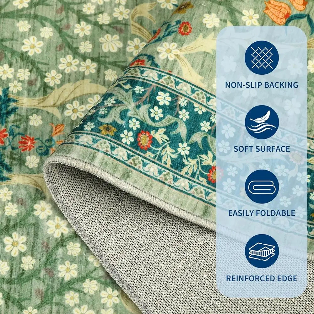 Washable Non Slip Stain Resistant Area Rug With Floral Design