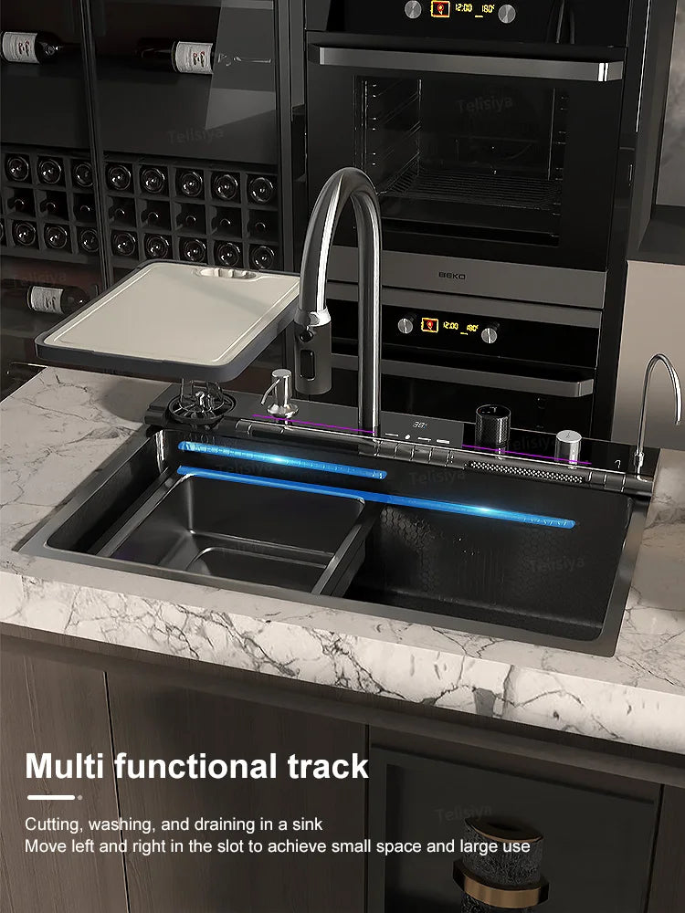 Telisiya Waterfall Stainless Steel Kitchen Sink Four Hole Above Counter