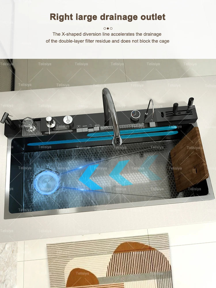 Telisiya Waterfall Stainless Steel Kitchen Sink Four Hole Above Counter