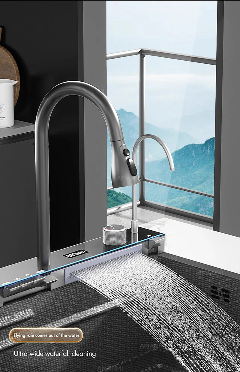 Stainless Steel Waterfall Kitchen Faucet Set With Digital Display