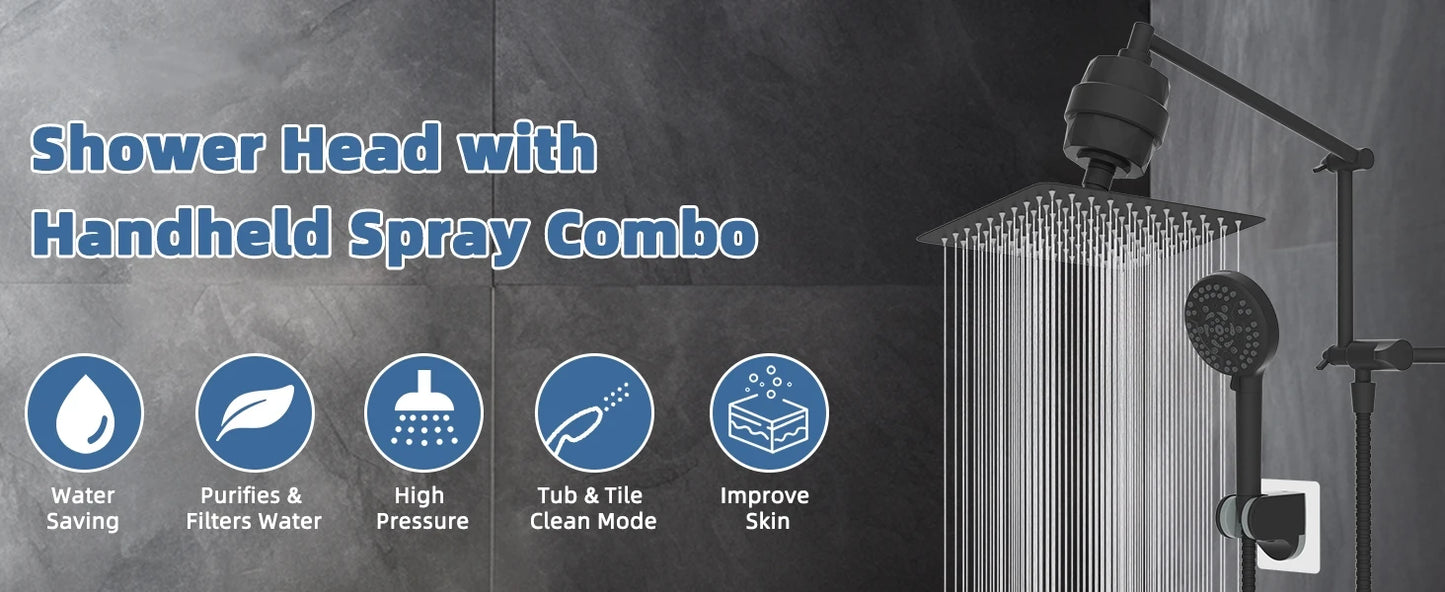 Filtered Shower Head, 10” High Pressure Rainfall Shower Head with Handheld Spray 10 Mode Handheld Powerful Wash
