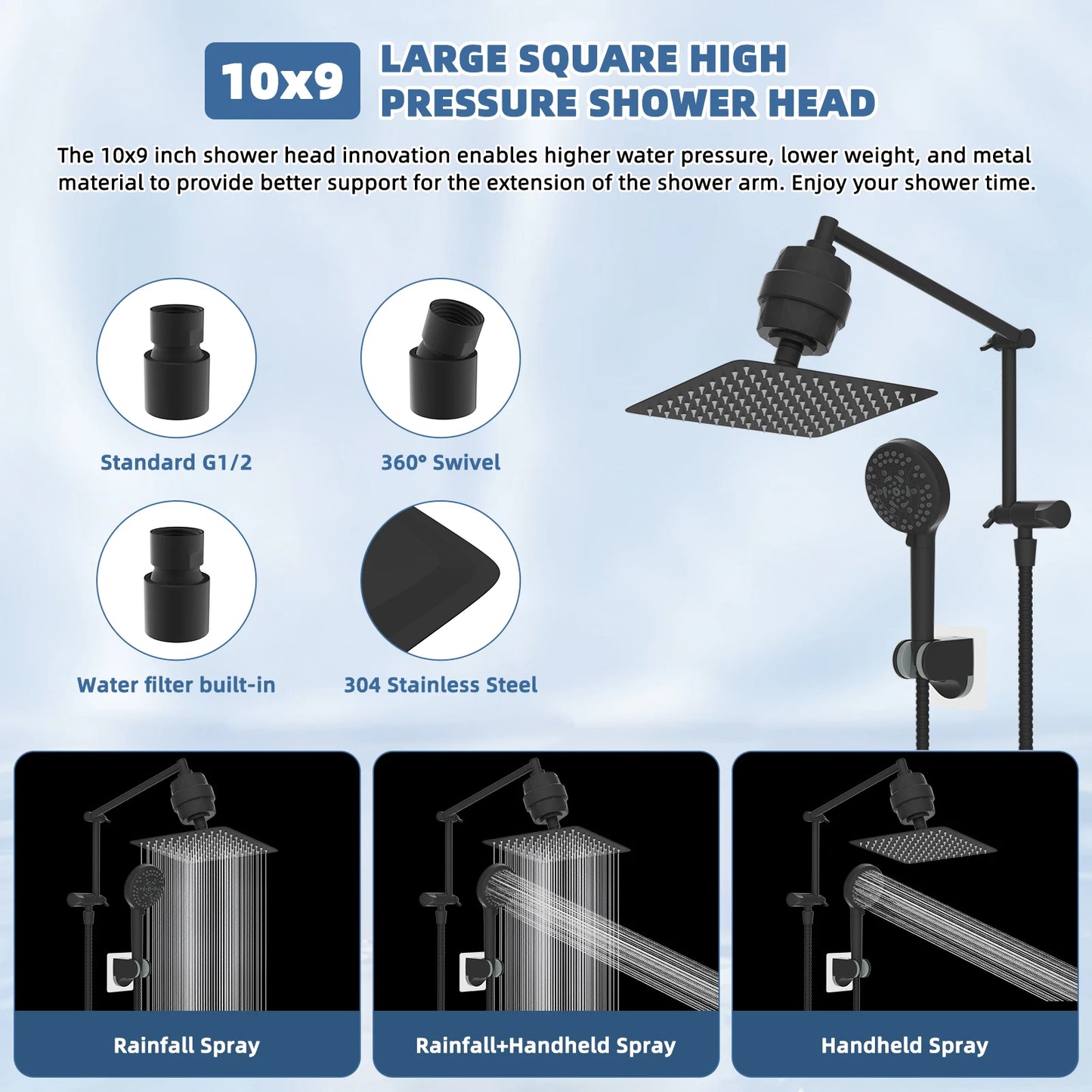 Filtered Shower Head, 10” High Pressure Rainfall Shower Head with Handheld Spray 10 Mode Handheld Powerful Wash