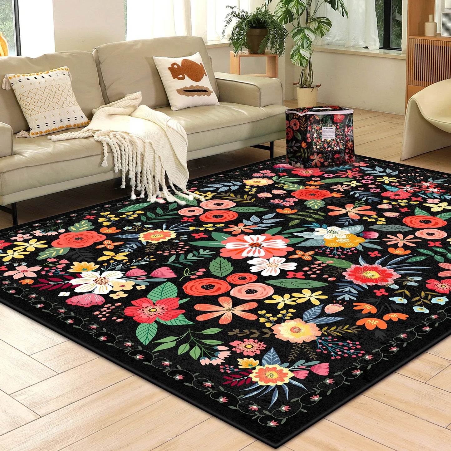 Super Boho Floral Rug Washable Non Slip Low Pile Carpet
