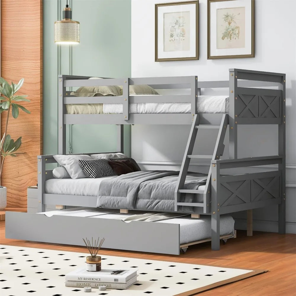 Trundle Bunk Bed Twin Over Full Bed Frame With Guardrail
