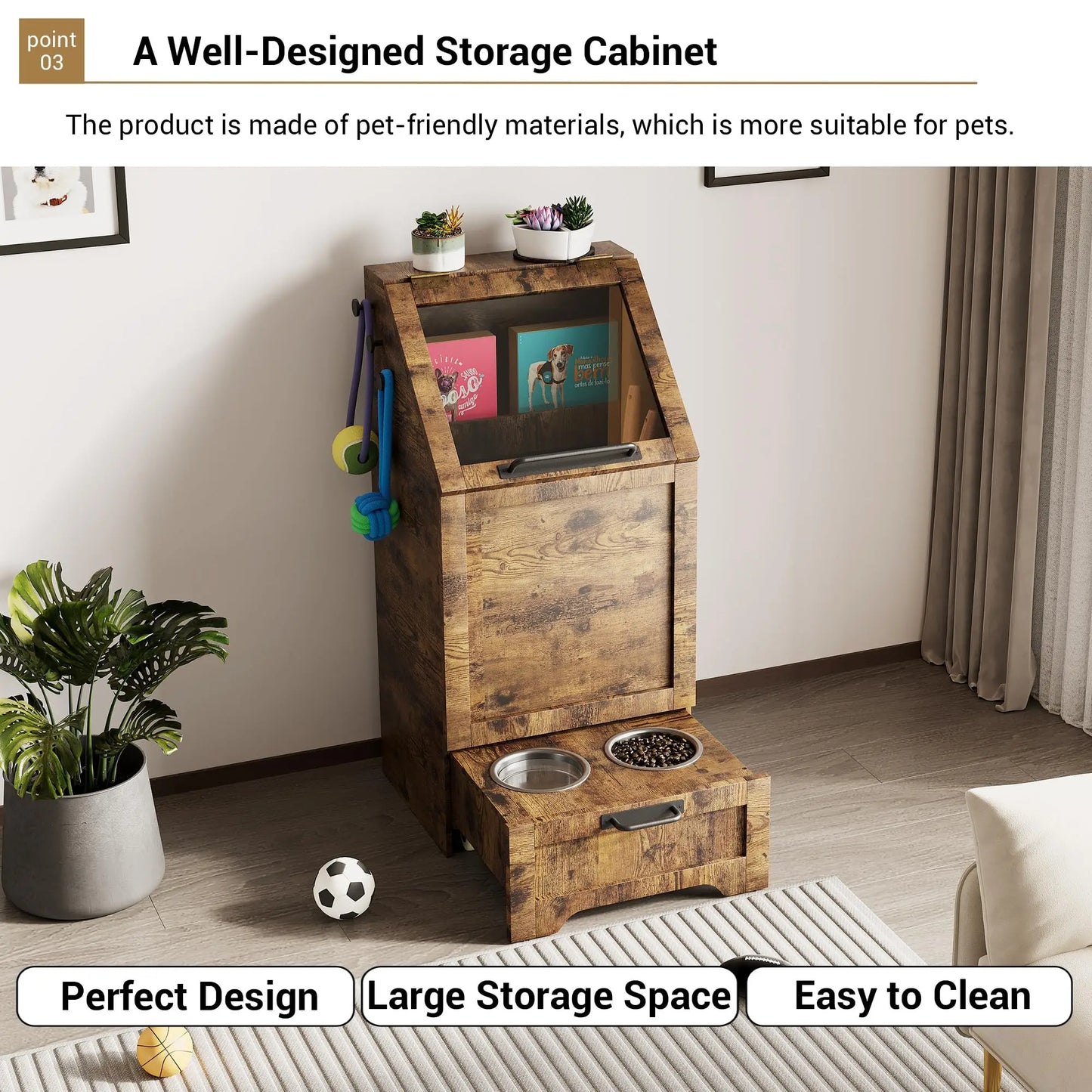 HiMISS Dog Food Storage Cabinet With Flip Top Feeding Station And Leash Hooks