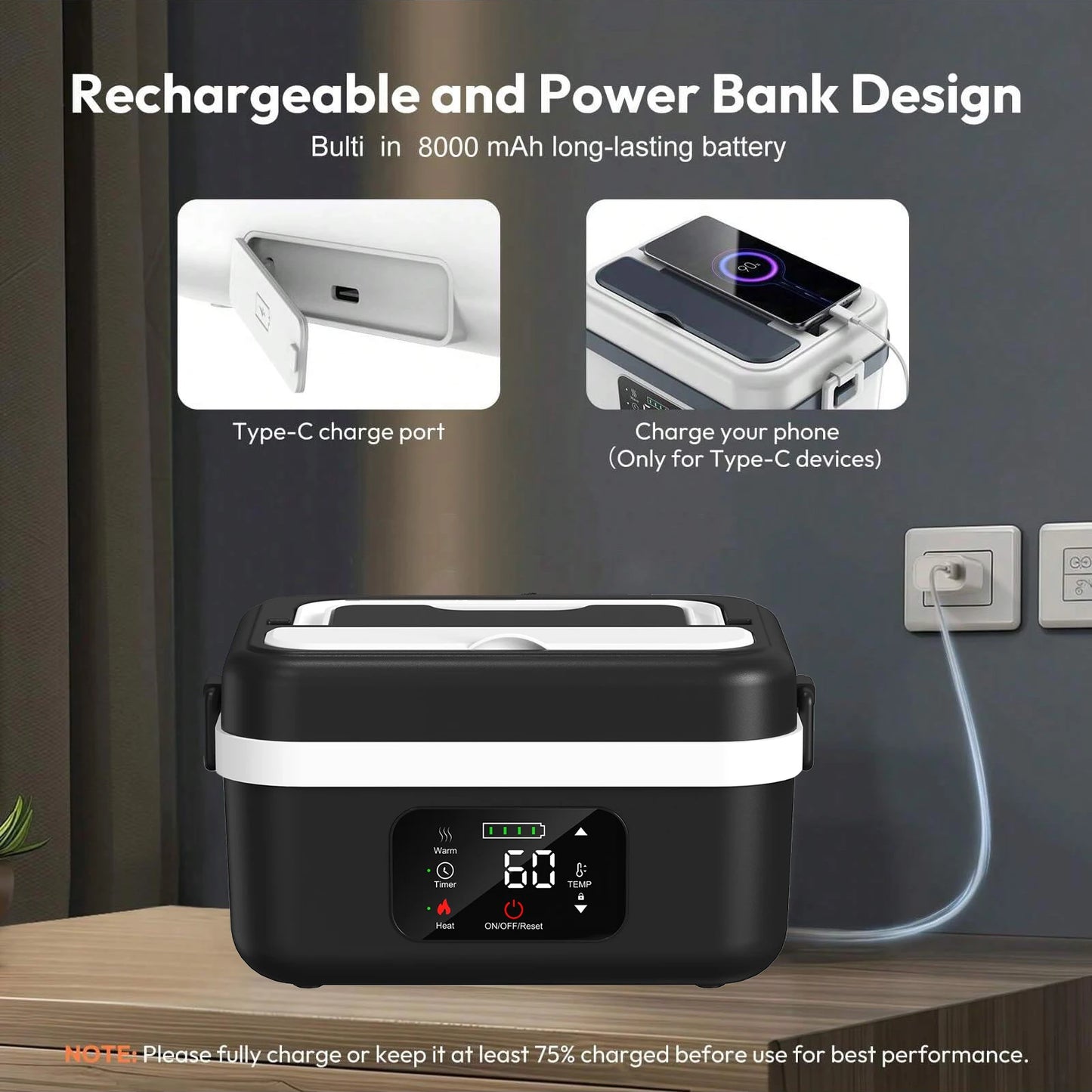 Wireless Electric Insulated Lunch Box 8000mAh Battery 60W Heating
