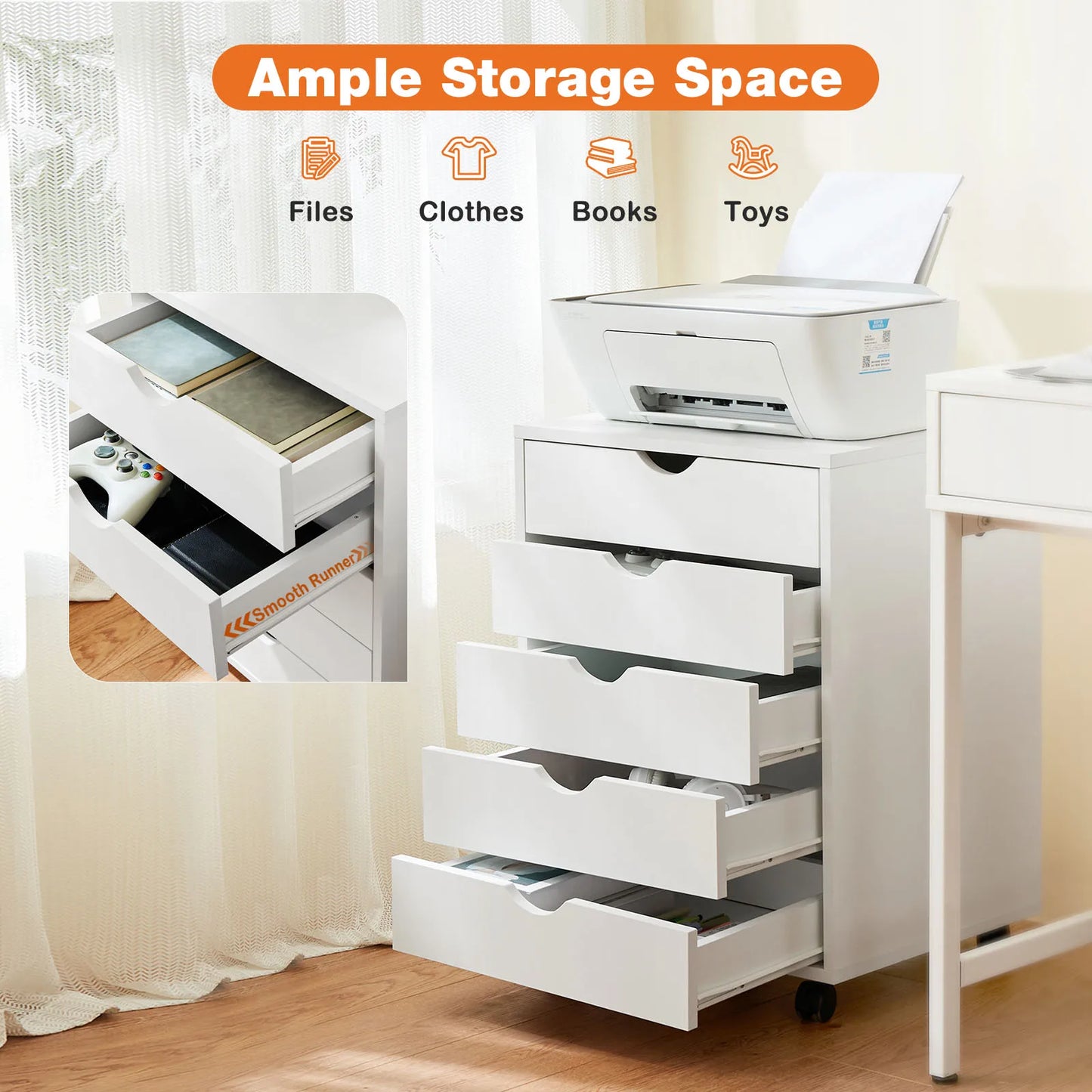 JHK Wood Nightstand 5 Drawer File Organizer With Rolling Wheels