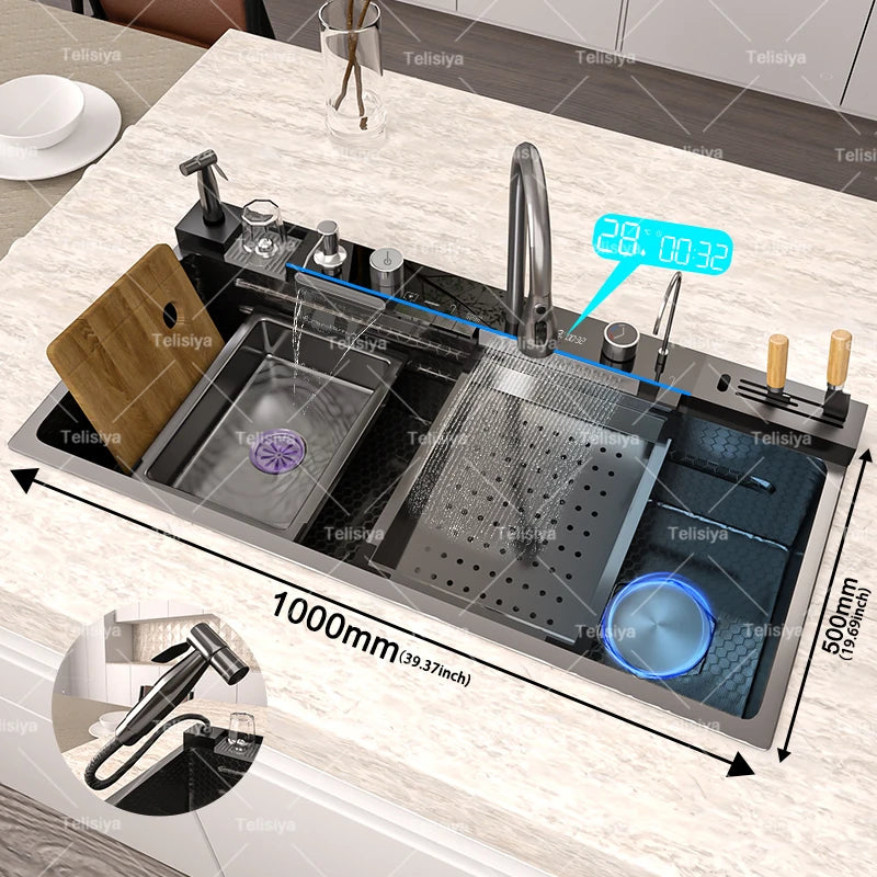 Telisiya Waterfall Stainless Steel Kitchen Sink Four Hole Above Counter