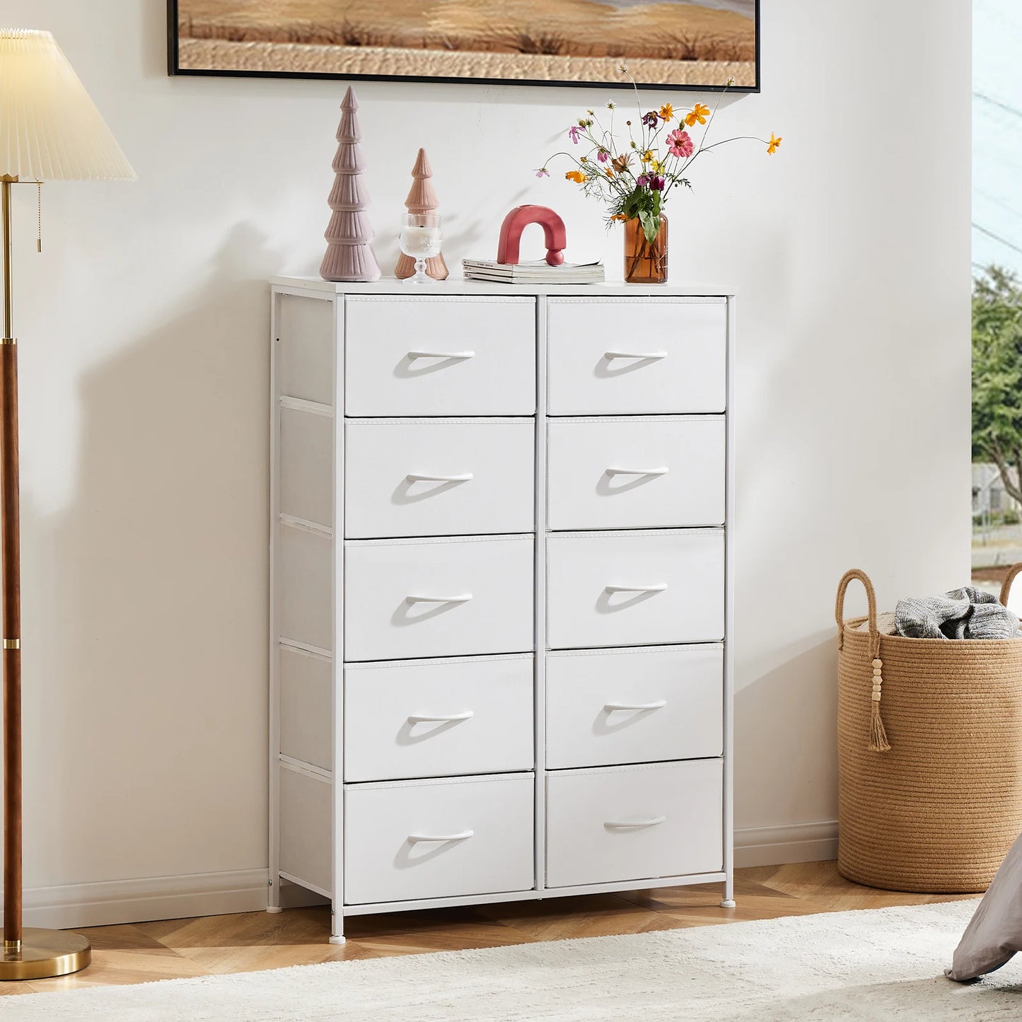 JHK Bedside Table With 10 Fabric Drawers Nightstand Storage