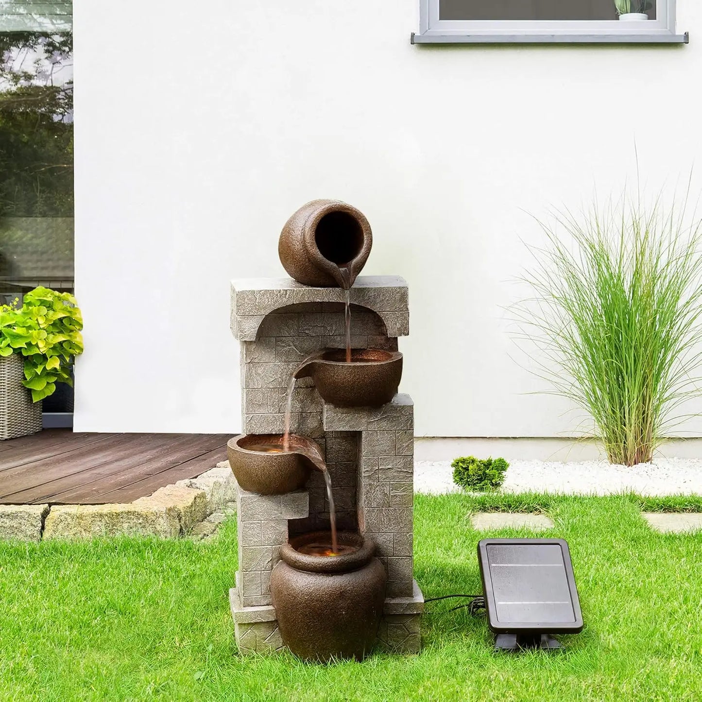 Solar LED Outdoor Water Fountain With Cascading Bowls For Garden Patio