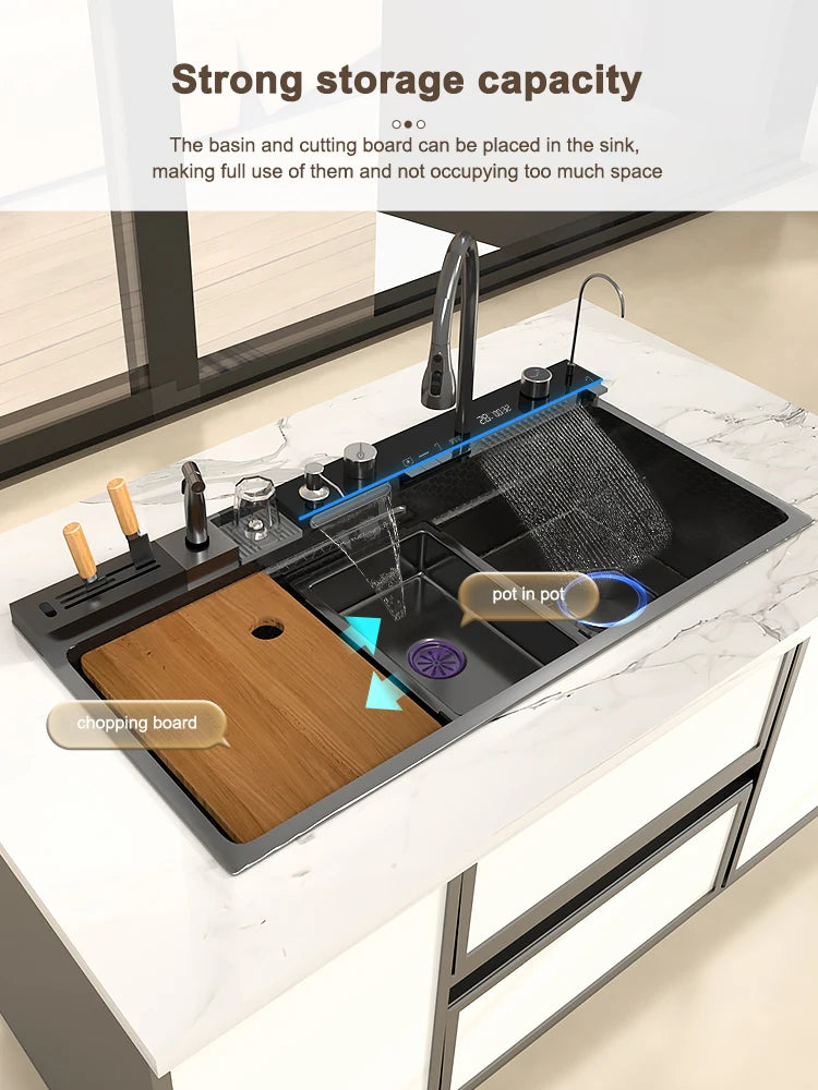Telisiya Waterfall Stainless Steel Kitchen Sink Four Hole Above Counter