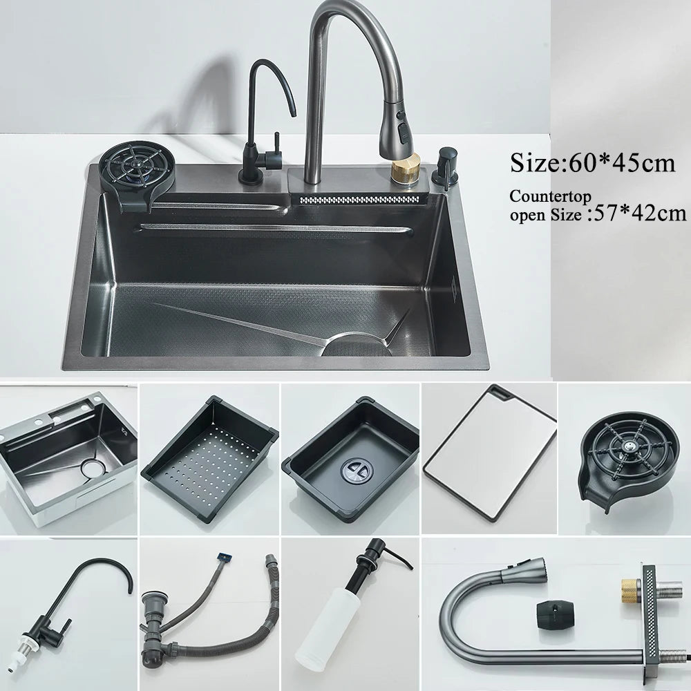 Stainless Steel Waterfall Kitchen Faucet Set With Digital Display