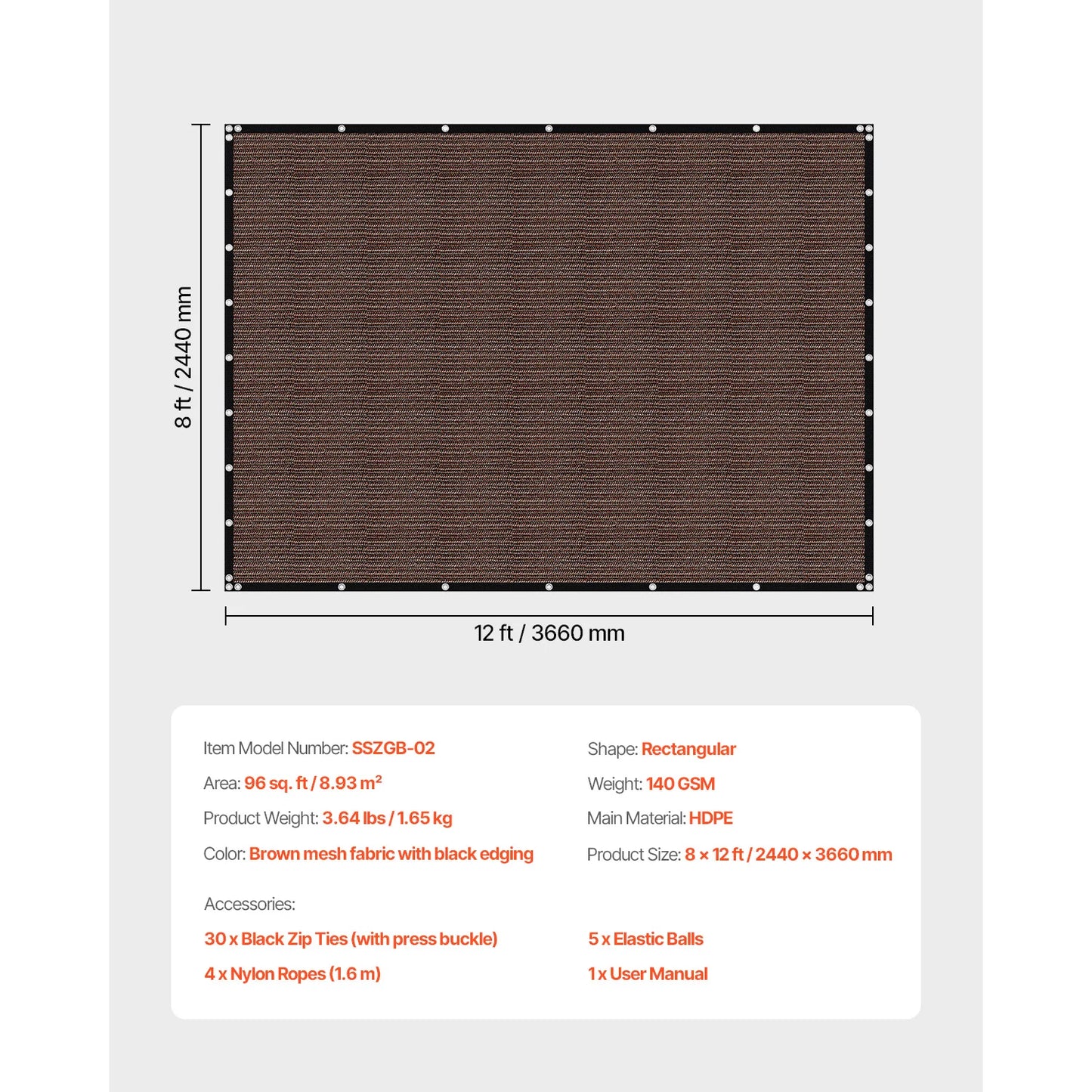 VEVOR 90 Percent Sun Shade Cloth HDPE For Outdoor Pergola