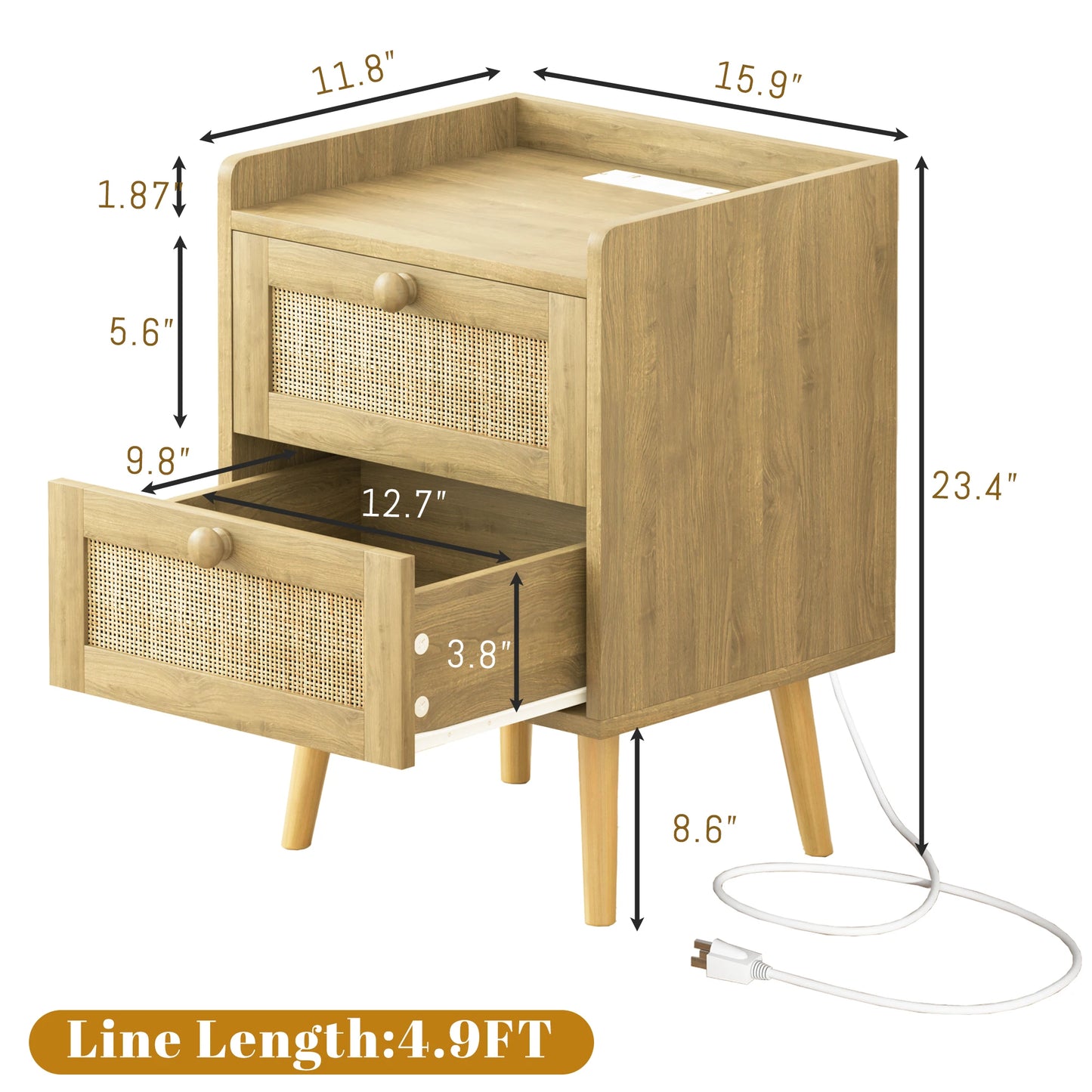 Rattan Nightstand With Charging Station And Two Drawers