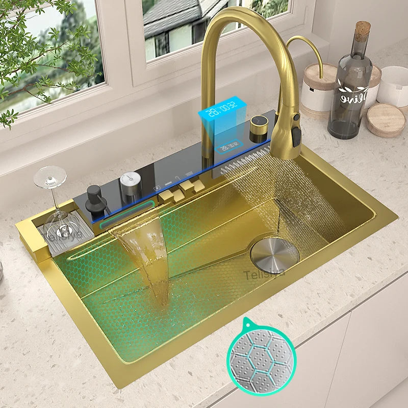 Telisiya Waterfall Stainless Steel Kitchen Sink Four Hole Above Counter
