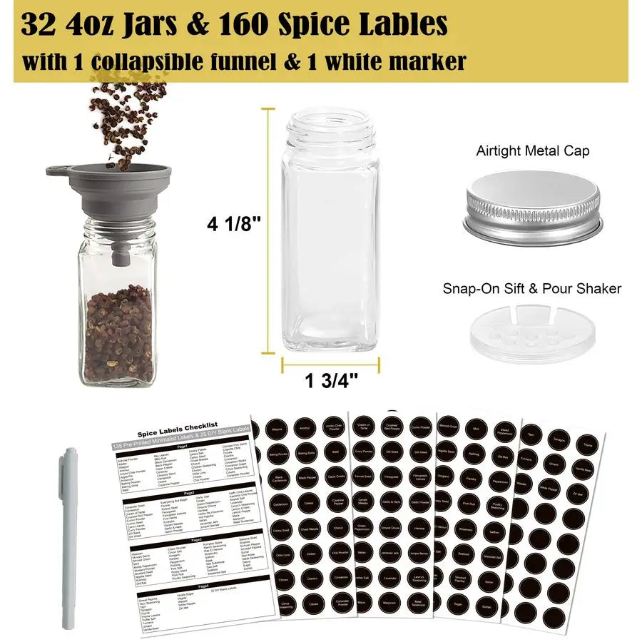 Tier Spice Rack Organizer With 32 Jars And 160 Labels