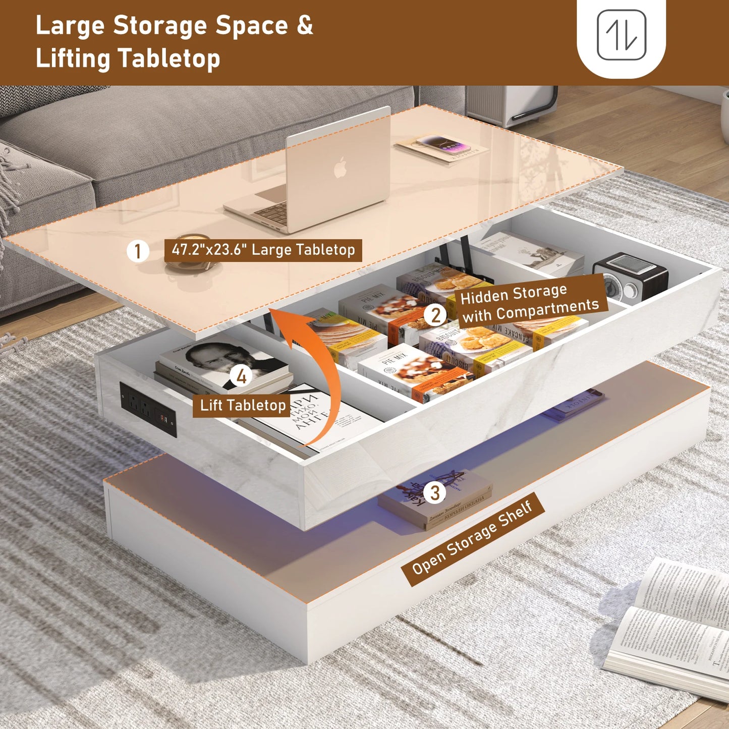 QiaoShiRen High Gloss LED Coffee Table With Open Display Shelf